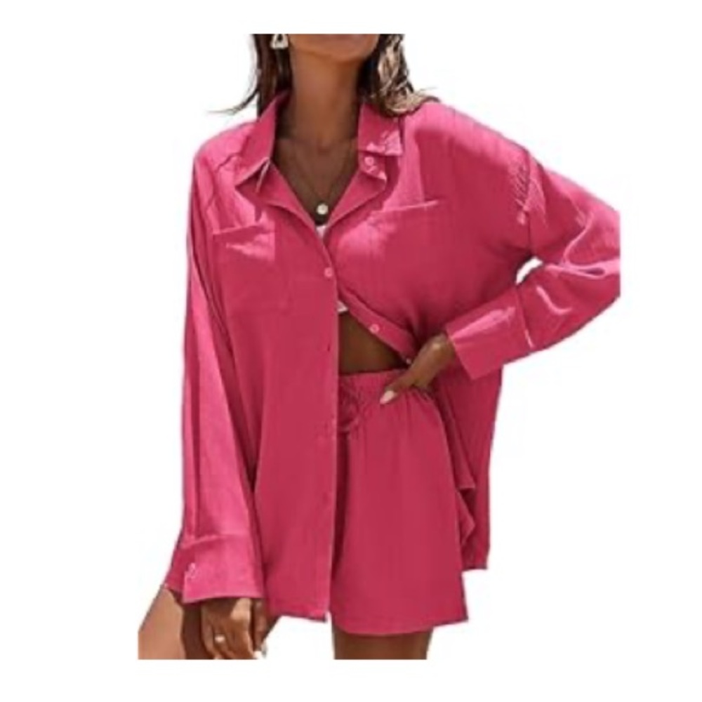 Ekouaer Pink Button-Up Shirt and Shorts Matching Set, size Medium